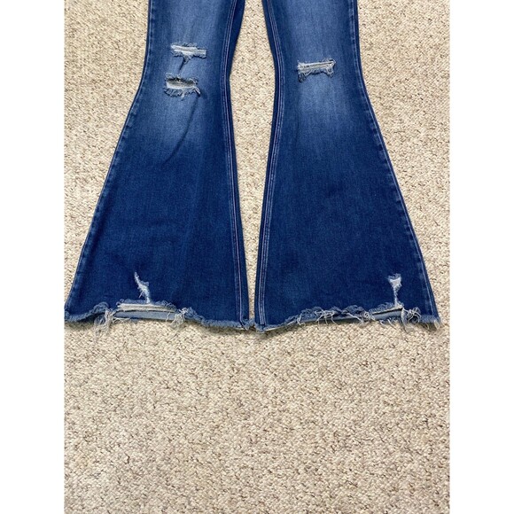 28 Kancan High Rise Distressed Flare Raw Fray Hem Dark Wash Blue - Picture 3 of 7